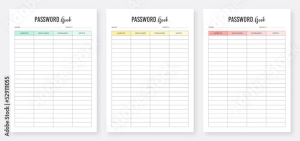 Fototapeta Password Log Book Template. Password Tracker Template. Printable Password Book Design. Modern Simple Password Log Template. Minimalist Planner Pages Template. Notebook Page. Business Organizer Page.