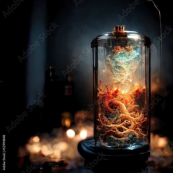 Fototapeta Chaotic liquid in the bottle. Fantasy. Abstract. Fantastic 3D rendered digital. Cinematic light.