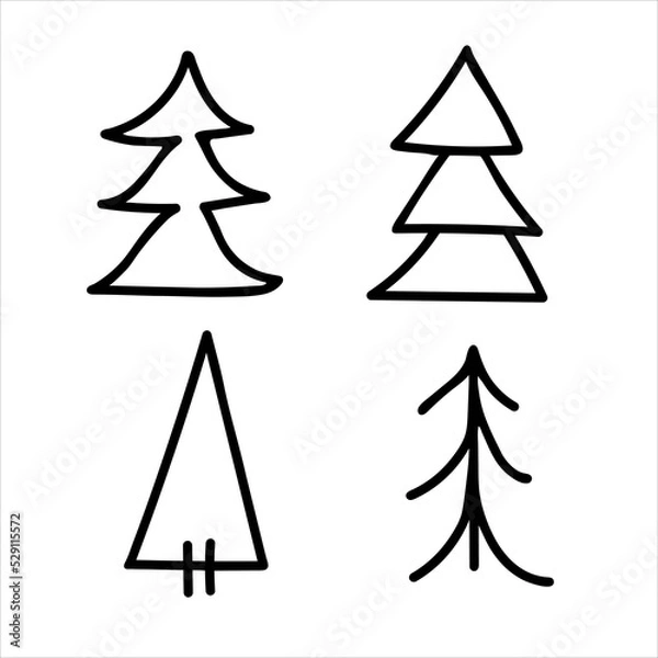 Fototapeta Hand drawn set of Christmas trees. Abstract doodle drawing woods.
