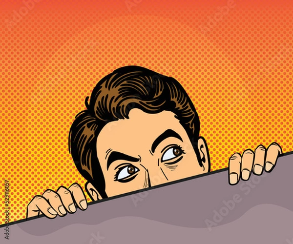 Obraz The man who was so afraid that he had to peek, didn't dare to show his face. hand drawn style vector design illustration.