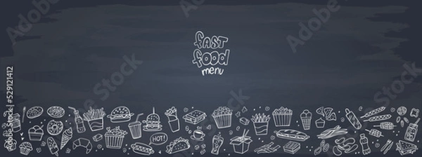 Fototapeta Banner of Set fast food doodles on chalkboard. Vector illustration. Perfect for menu or food package design.