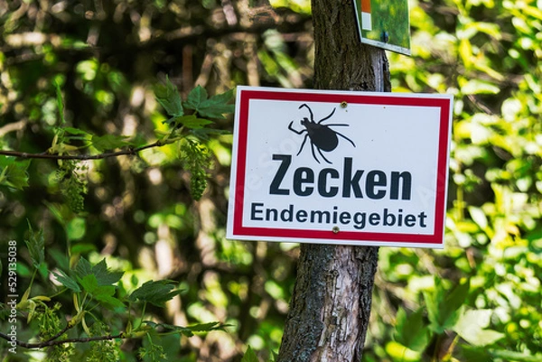 Fototapeta Schild mit der Aufschrift Zecken Endemiegebiet und warnt vor Zecken