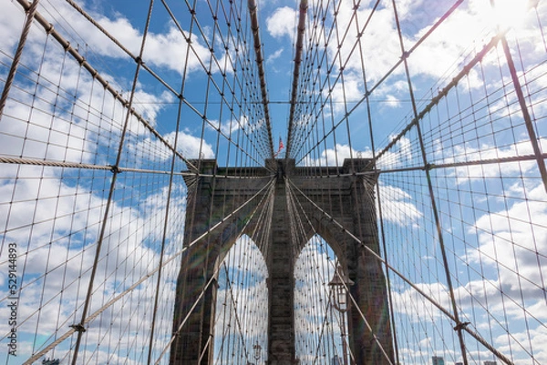 Fototapeta Symmetrical shot of the Brooklyn Bridge with beautiful clouds and blue sky