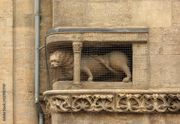 Fototapeta Decorative detail of the exterior of Gothic architecture. Lion sculpture in the wall of St. Stephen's Catholic Cathedral in Vienna. Close-up frontal view