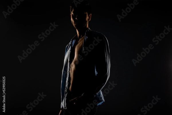 Fototapeta Male model posing in a light dimmed room