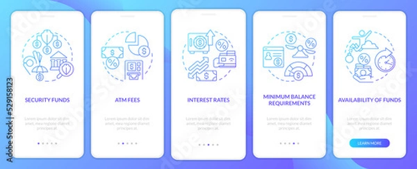 Fototapeta Choosing credit union blue gradient onboarding mobile app screen. Banking walkthrough 5 steps graphic instructions with linear concepts. UI, UX, GUI template. Myriad Pro-Bold, Regular fonts used