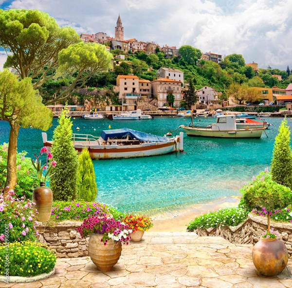 Fototapeta A port town with boats at the pier. Photo wallpapers. The fresco.