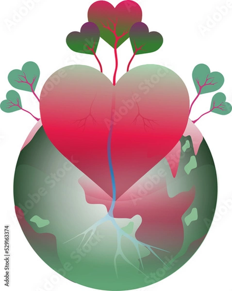 Fototapeta The planet earth and trees grow on it, their roots are the veins of the earth. The heart is in the middle of the planet. Ecology. The globe. Nature. Green energy