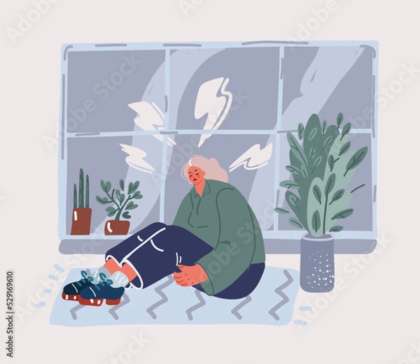 Fototapeta Unhappy woman touching hair, sitting on floor at home, thinking about problems, upset girl feeling lonely and sad, psychological and mental troubles, suffering from bad relationship or break up