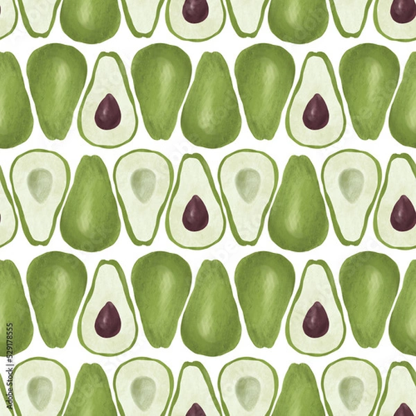 Fototapeta Seamless raster pattern with avocado for vegetarians. Natural style, green and brown tones. Kitchen utensils, textiles and wrapping paper.