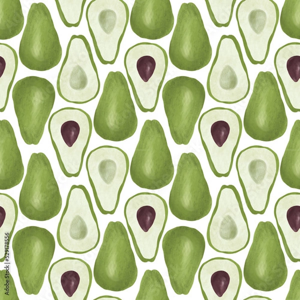 Fototapeta Bright pattern with avocado. Seamless raster pattern for vegetarians. Green and brown tones. Great for kitchen utensils, textiles.