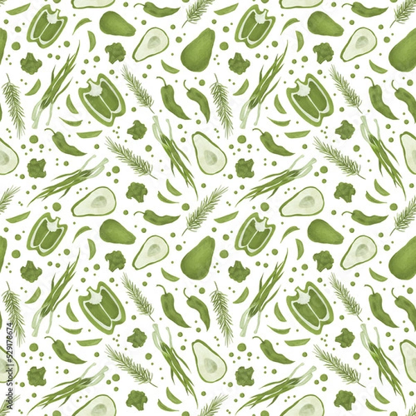 Fototapeta Seamless pattern with pepper, avocado, onion, rosemary and peas. Raster pattern in eco style. Green and white. For vegetarians. Printing on fabric and paper.
