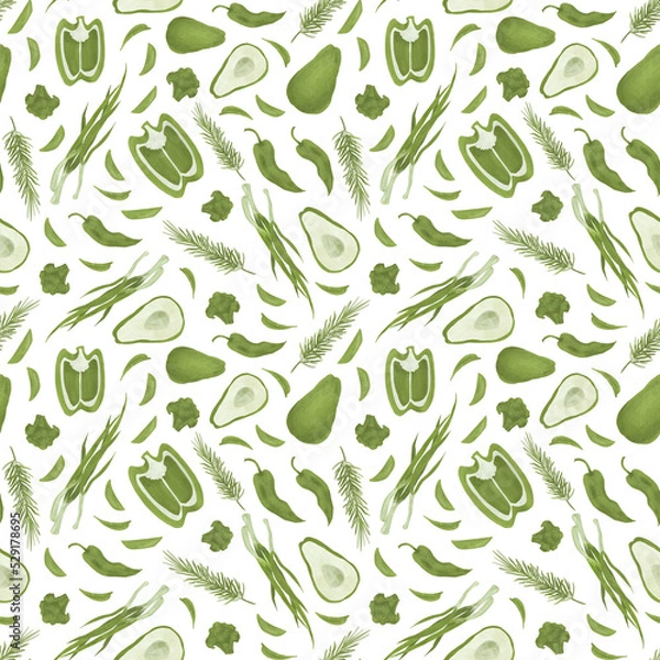 Fototapeta Raster seamless pattern with vegetables and herbs. Natural style, green colors. For vegetarians. Pepper, avocado, onion, rosemary and peas.