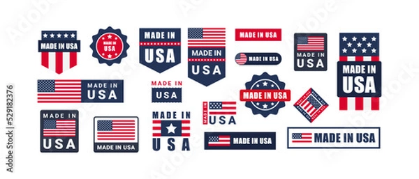 Fototapeta Made in USA label set. Made in USA stamp. Big set of label, stickers, pointer, badge, symbol and page curl with American flag icon on design element.
