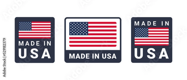 Fototapeta Made in USA label set. Made in USA stamp. Big set of label, stickers, pointer, badge, symbol and page curl with American flag icon on design element.