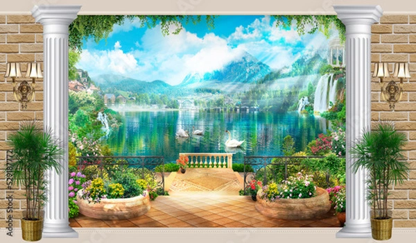 Fototapeta Wallpaper on the wall, landscape lake with a swan. Photo wallpapers. The fresco.