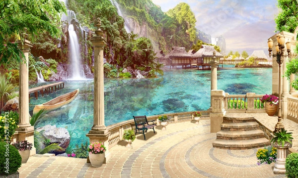 Fototapeta Maldives, a rock with a waterfall and a bungalow on the sea. Photo wallpapers. The fresco.