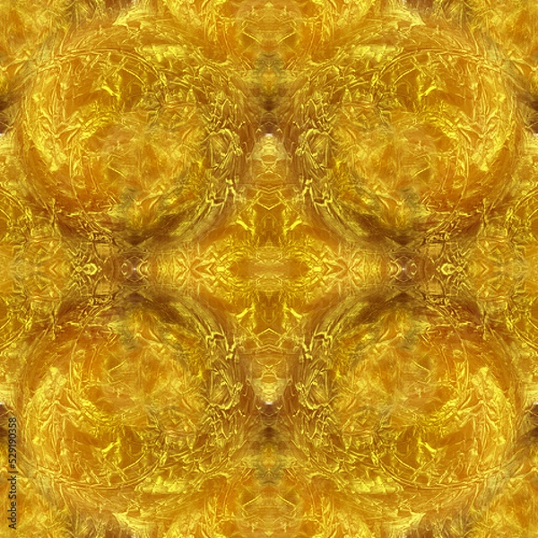 Fototapeta Beautiful golden seamless background with sinuous symmetrical lines and textures. 3D image of shiny yellow gold. Seamless mirror background.
