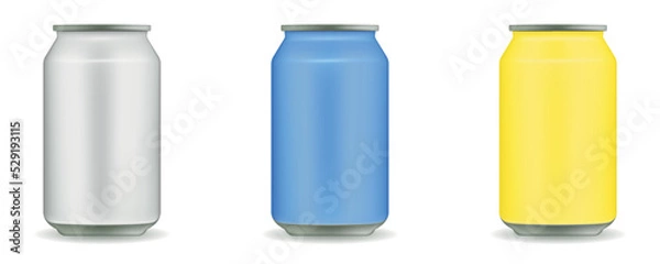 Fototapeta Vector realistic 3d empty glossy metal white or silver, blue and yellow aluminium beer pack or can set. 330ml. Can for beer, alcohol, soft drink, soda, cola, lemonade