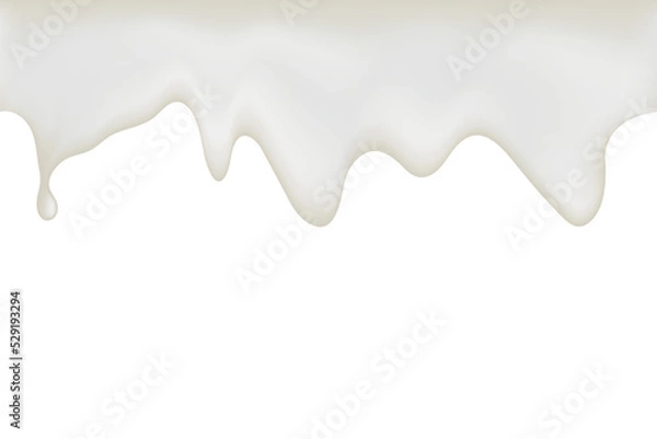 Fototapeta Realistic border of melted white cream or shaving foam for food packaging design. Stock realistic vector border of white or gray fondant hanging on white background