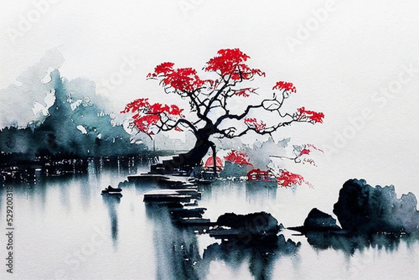 Obraz Watecolor Japan. Sun, sakura, mountain.