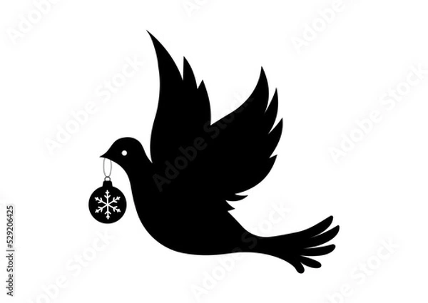 Obraz Dove silhouette - flying bird with christmas ormanent isolated on white background. Pigeon with xmas ball decorated with snowflake black sign. Flat design simple style vector illustration.