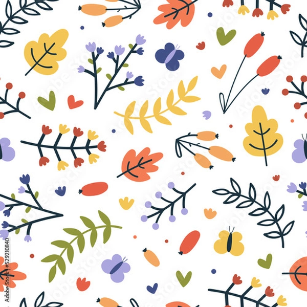 Fototapeta seamless colorful autumn cute pattern of leaves and flowers on white background