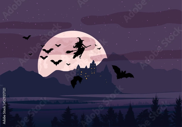 Fototapeta Silhouette of a whitch on full moon background, flock of bats, Castle, mountain landscape. Cartoon, vector illustration. Halloween scene
