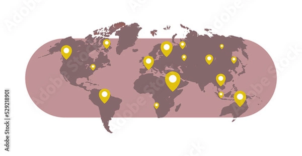 Obraz World map worlds pins and travel concept flat vector illustration.