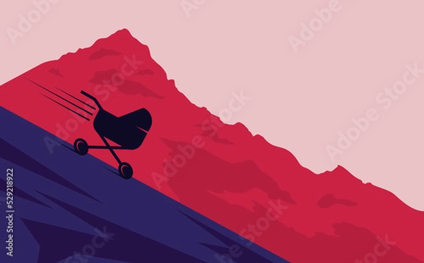 Fototapeta Low child birth rate. The carriage rolls down the slope. Decline in child births. Vector illustration