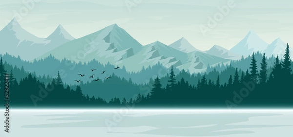 Fototapeta winter mountain landscape with trees Vector nature background images, posters, banners.