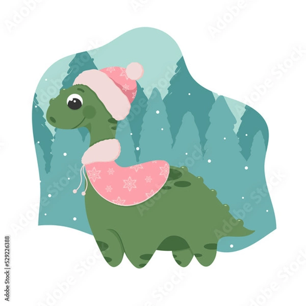 Obraz New Year's dinosaur in the winter forest. Vector dinosaur in a pink hat and cape with fur.