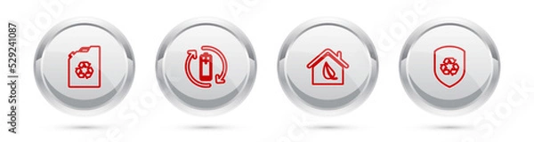 Fototapeta Set line Eco fuel canister, Battery with recycle, friendly house and Recycle inside shield. Silver circle button. Vector