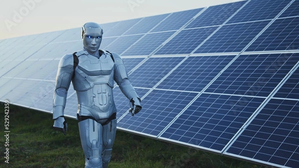 Obraz Artificial intelligence. Nano cybernetic robot man walking along modern solar batteries outside. Cyborg working online on electricity station. Futuristic engineer checking the process. 