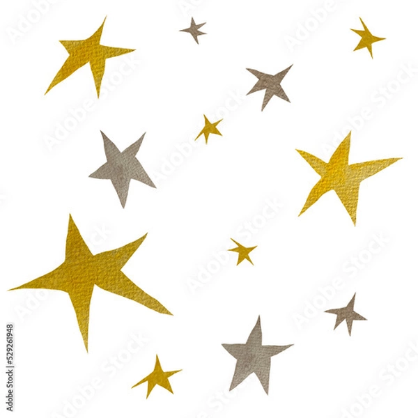 Fototapeta A watercolor set of yellow and grey stars with texture