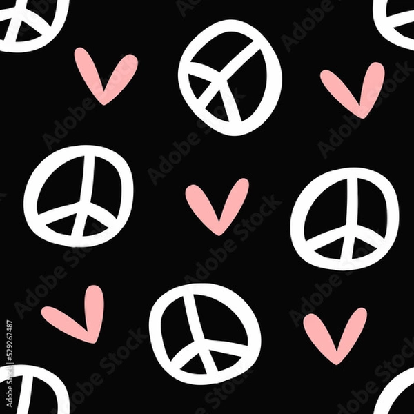 Obraz Seamless pattern with scattered hearts and peace signs drawn by hand. Vector illustration.