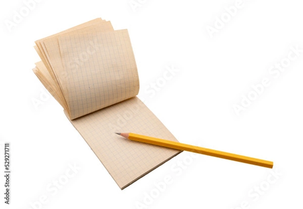 Fototapeta Vintage paper note pad checkered open with yellow pencil