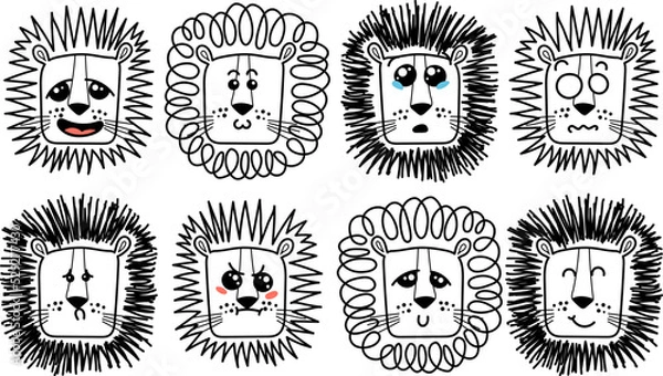 Fototapeta Isolated doodle cute Lion emoticons. Cute set of vector animals with emotions. Cartoon feline, lion for print, children and baby development