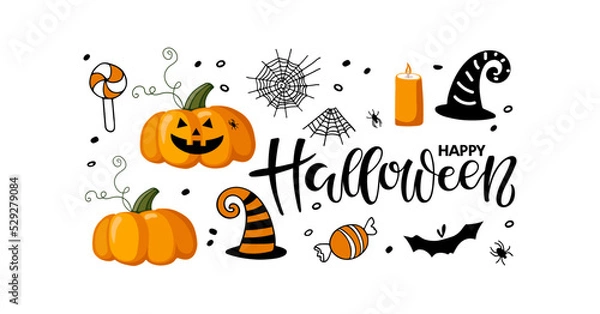Fototapeta Halloween attributes. Black orange set. Pumpkins, candle, witch hat, bat, spider, cobweb, candy, calligraphy lettering. Hand drawn autumn vector collection. Halloween holidays design in flat style.