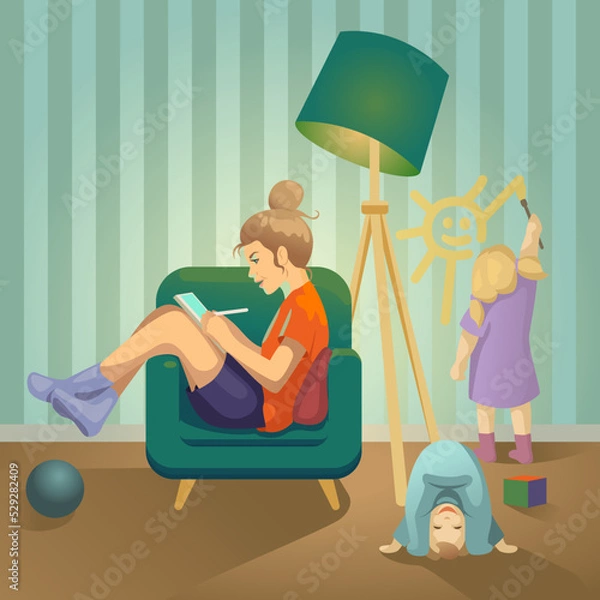Obraz Mom draws on a tablet in a chair