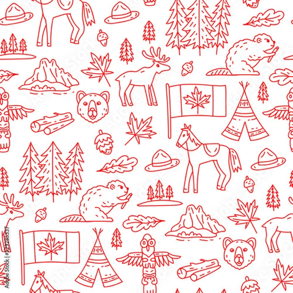 Fototapeta Vector seamless pattern on the theme of Canada. Pattern with colored symbols. Background for use in design, web site, packing, textile, fabric. Canada bright design.