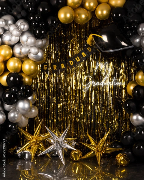 Fototapeta graduation background with gold silver and black balloons