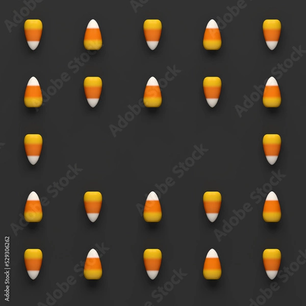 Obraz Halloween candy corn pattern on dark background with copy space message. 3D illustration render.
