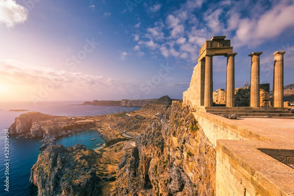 Fototapeta Aerial view on St. Paul's bay in Lindos, Rhodes island, Greece. Panoramic shot overlooking St Pauls Bay at Lindos on the Island of Rhodes, Greece, Europe.