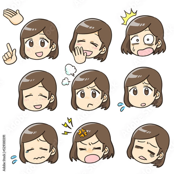 Obraz 女性　表情　ミニキャラ　かわいい　イラスト