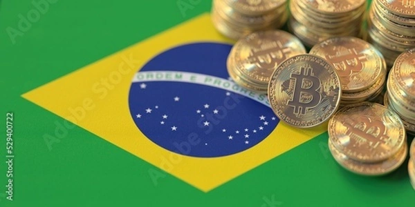Fototapeta Flag of Brazil and many bitcoins. National cryptocurrency regulations concept, 3d rendering