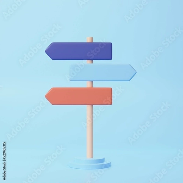 Fototapeta 3d colorfull directions sign on blue background. 3d render illustration