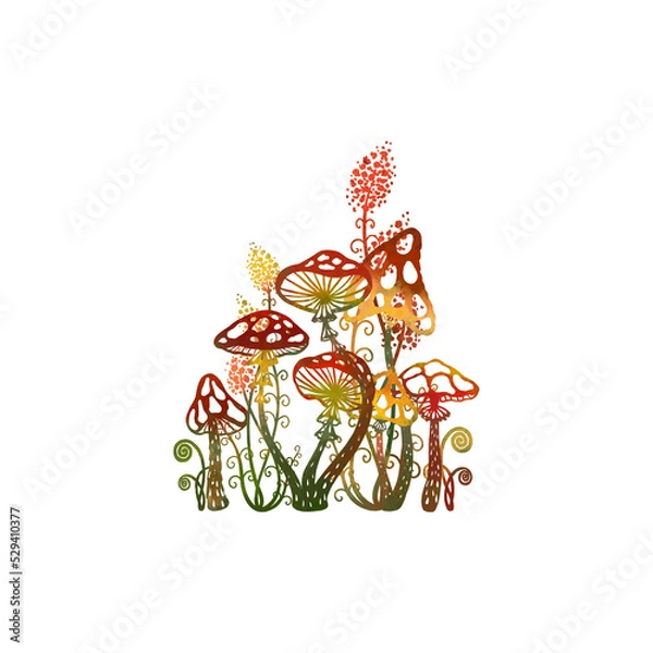 Fototapeta magic forest mushrooms on a white and craft background. Red mushrooms, fern and forest grass. Without background.
