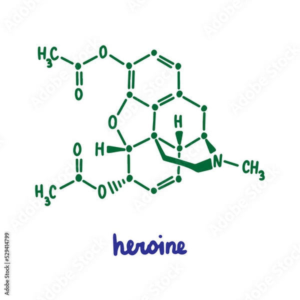 Fototapeta Heroine hand drawn vector formula chemical structure lettering blue green