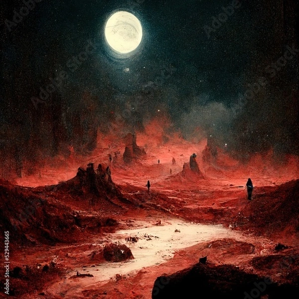 Fototapeta Under cold stares of Mars. Digitally rendered landscape. Fantastic digital illustration.